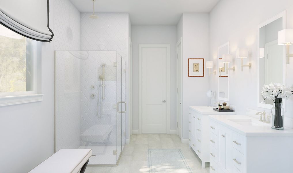 Primary bath with freestanding vanities