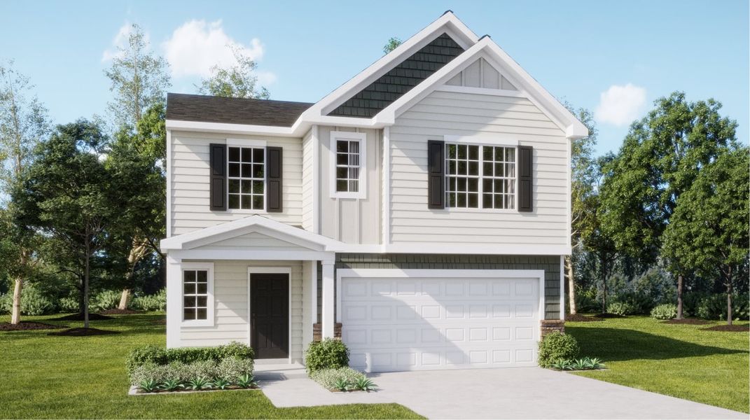 Front exterior of a new home in Winecoff Village, Troutman, NC, highlighting curb appeal (Image 1).