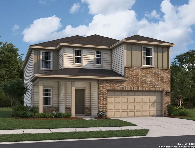 Front exterior of a new home in Saddlebrook Ranch, Schertz, TX, highlighting curb appeal (Image 1).