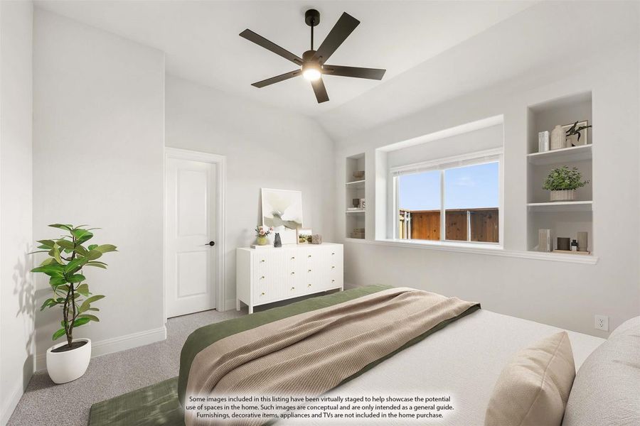 Bedroom with vaulted ceiling, ceiling fan, built-in shelves, and a window with natural light