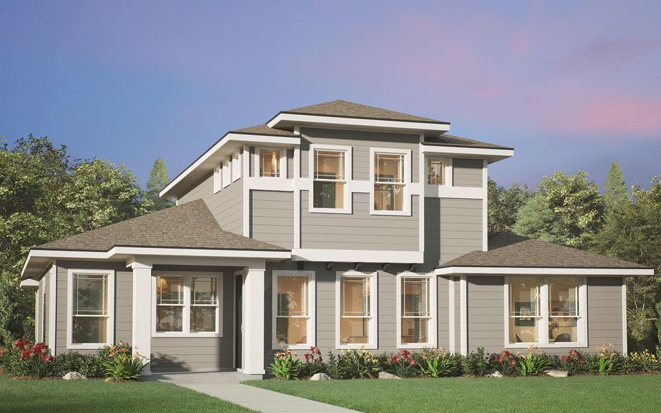 Crafted with clean lines and inviting details, this residence features a welcoming pathway and mature landscaping. Crafted with clean lines and inviting details, this residence features a welcoming pathway and mature landscaping.