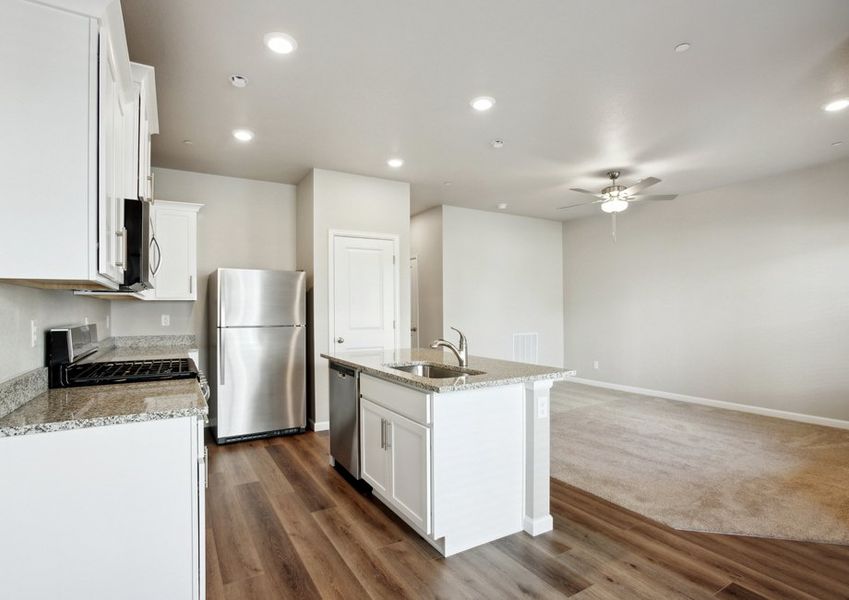 The family room has carpet and a ceiling fan.