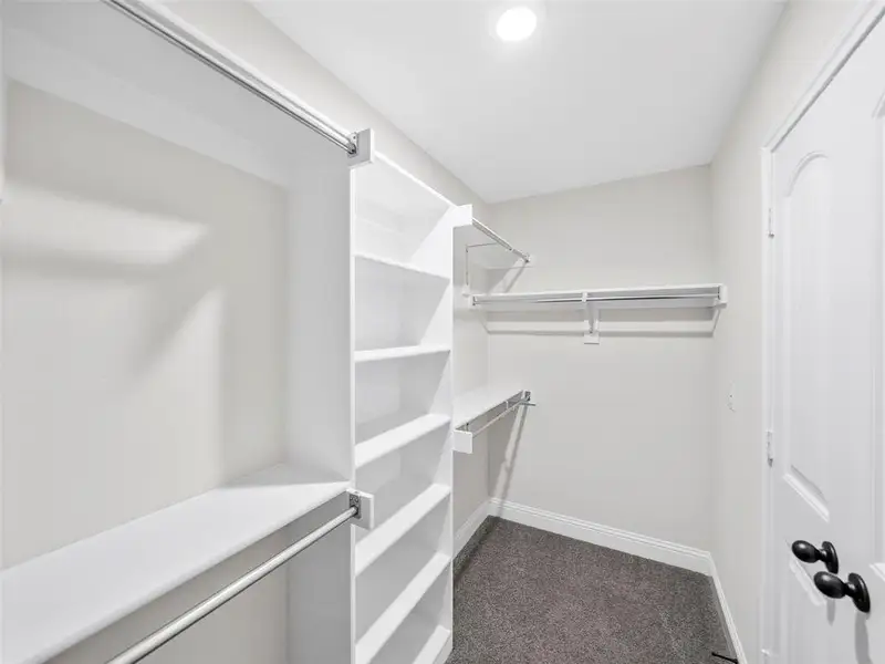 Walk in closet with dark colored carpet