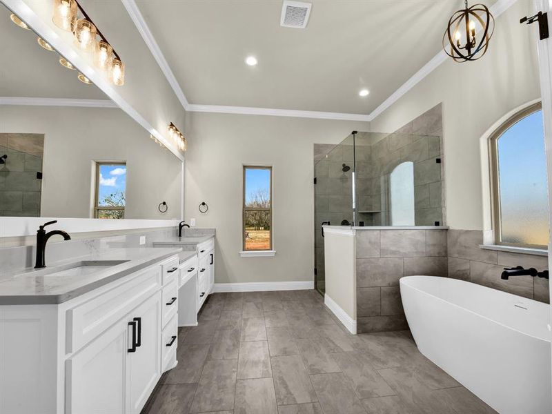 Bathroom with vanity, crown molding, a wealth of natural light, and plus walk in shower