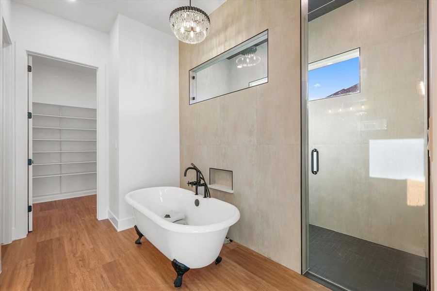 Bathroom featuring a spacious closet, a stall shower, a freestanding tub, wood finished floors, and a chandelier
