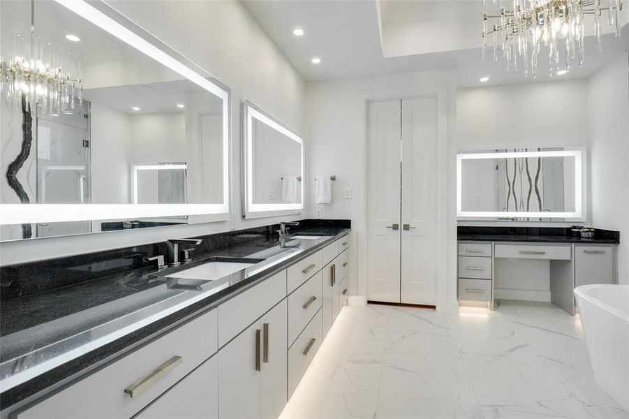 Spa-like Bath with His & Her Custom Vanities & LED Edge Lit Mirrors...