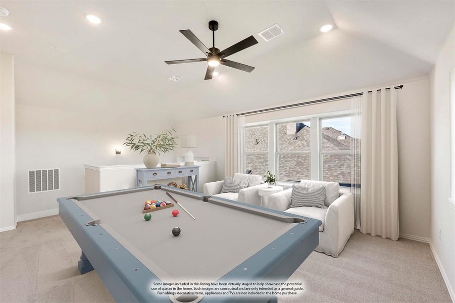 Game room with pool table, vaulted ceiling, ceiling fan, and seating area on carpet flooring