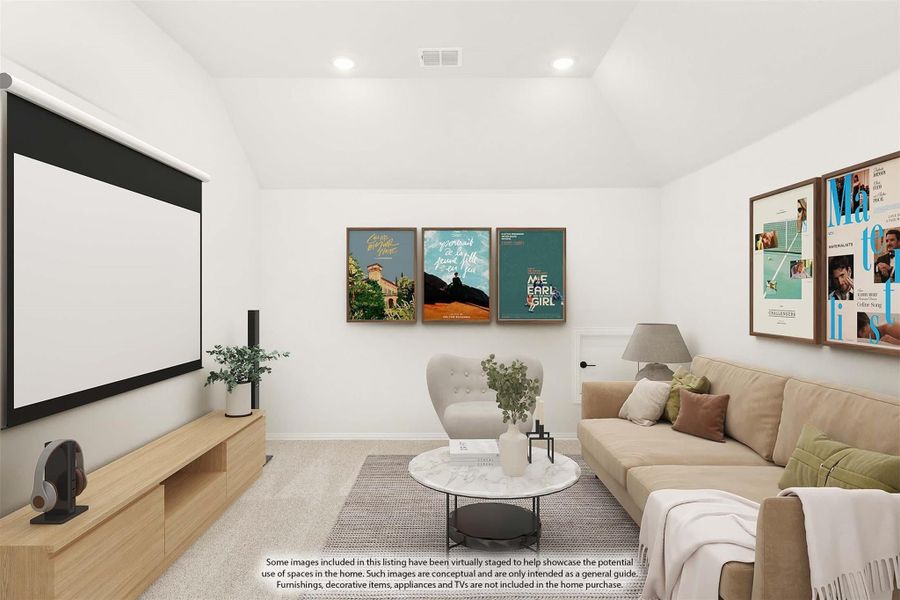 Media room with large projector screen, tan sofa, framed wall art, and a round marble coffee table Media room with large projector screen, tan sofa, framed wall art, and a round marble coffee table