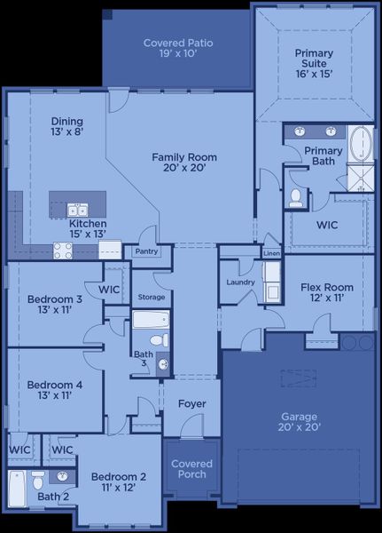 2D floor plan layout for the Cameron by UnionMain Homes in Cambridge Crossing, Celina, TX (Image 5).