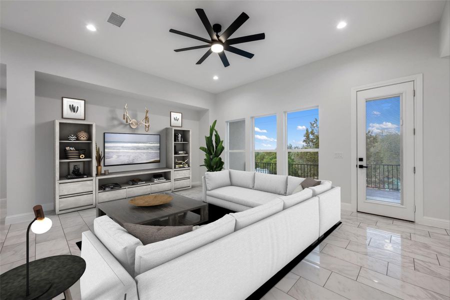 Living area featuring ceiling fan, recessed lighting, and light marble finish flooring