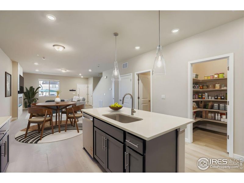 Additional storage in the island and a large pantry Additional storage in the island and a large pantry