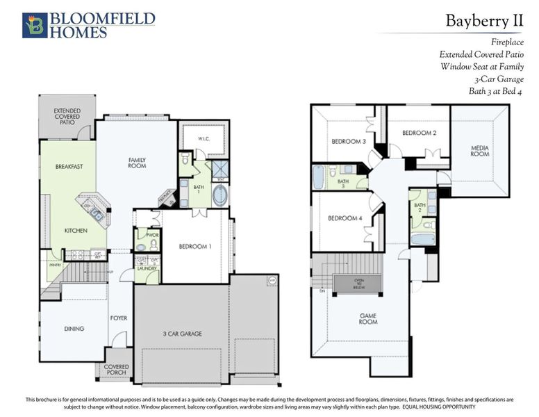 Bloomfield Homes Bayberry II two-story floor plan with 4 bedrooms, game room, and 3-car garage