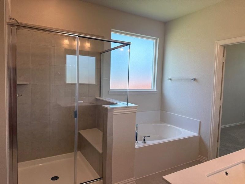 Bathroom featuring a glass-enclosed shower with a built-in bench, a separate soaking tub, and a vanity with an integrated sink Bathroom featuring a glass-enclosed shower with a built-in bench, a separate soaking tub, and a vanity with an integrated sink