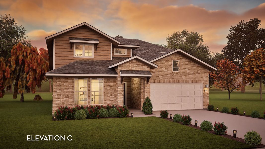 Front exterior of a new home in Sunfield, Buda, TX, highlighting curb appeal (Image 1).