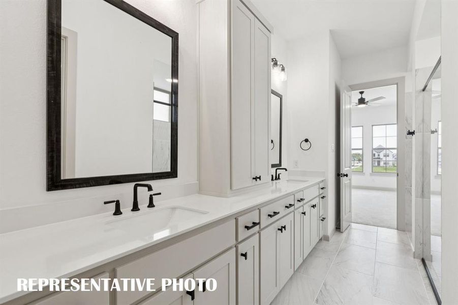 Featuring outstanding room for two and an oversized, walk in shower, this dream owner's bath is waiting for you to make it your own!  REPRESENTATIVE PHOTO