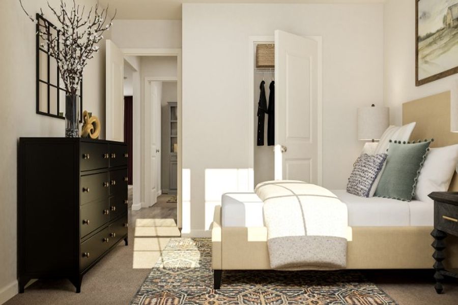 A room with a bed and a dresser. A room with a bed and a dresser.