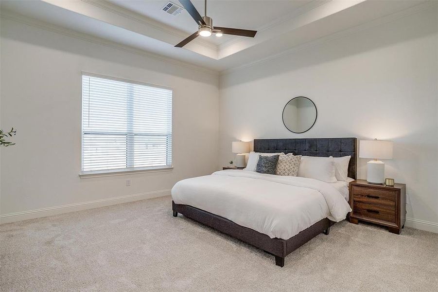 Primary bedroom with ceiling fan, a raised ceiling, and crown molding