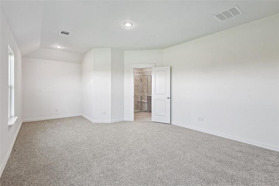 Unfurnished room featuring lofted ceiling and light colored carpet