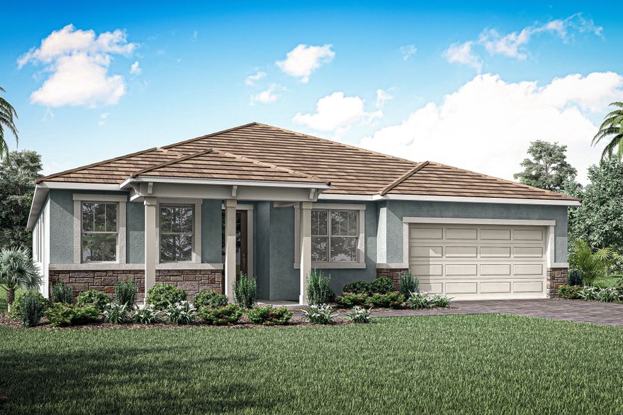 Representative exterior photo of a completed home built from the Red Rock by Mattamy Homes in Sunstone Lakeside at Wellen Park, Venice, FL (Image 1).