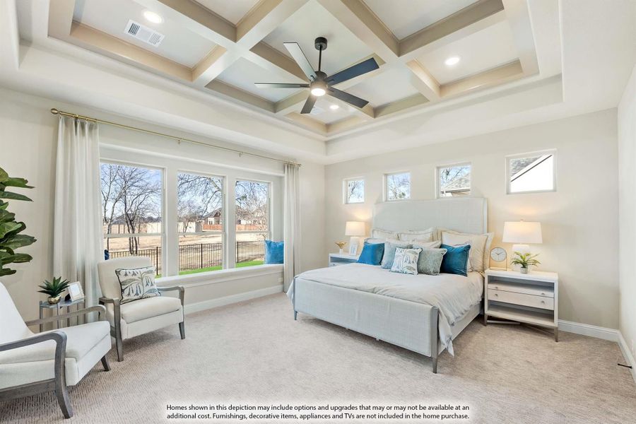 Master bedroom with coffered ceiling, ceiling fan, large windows, and neutral carpet Master bedroom with coffered ceiling, ceiling fan, large windows, and neutral carpet