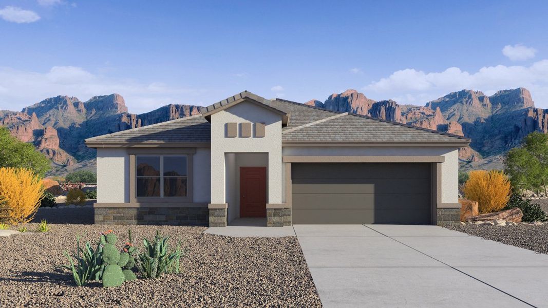 Front exterior of a new home in Radiance at Superstition Vistas, Apache Junction, AZ, highlighting curb appeal (Image 1). Front exterior of a new home in Radiance at Superstition Vistas, Apache Junction, AZ, highlighting curb appeal (Image 1).