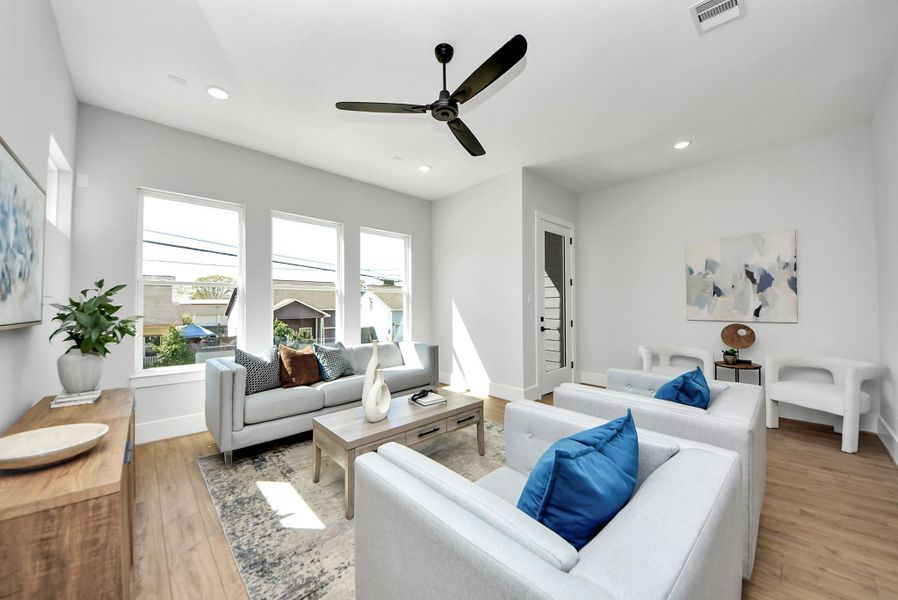 Furnished interior view inside a new home in Skyline Homes at Cavalcade, Houston (Image 9). Furnished interior view inside a new home in Skyline Homes at Cavalcade, Houston (Image 9).