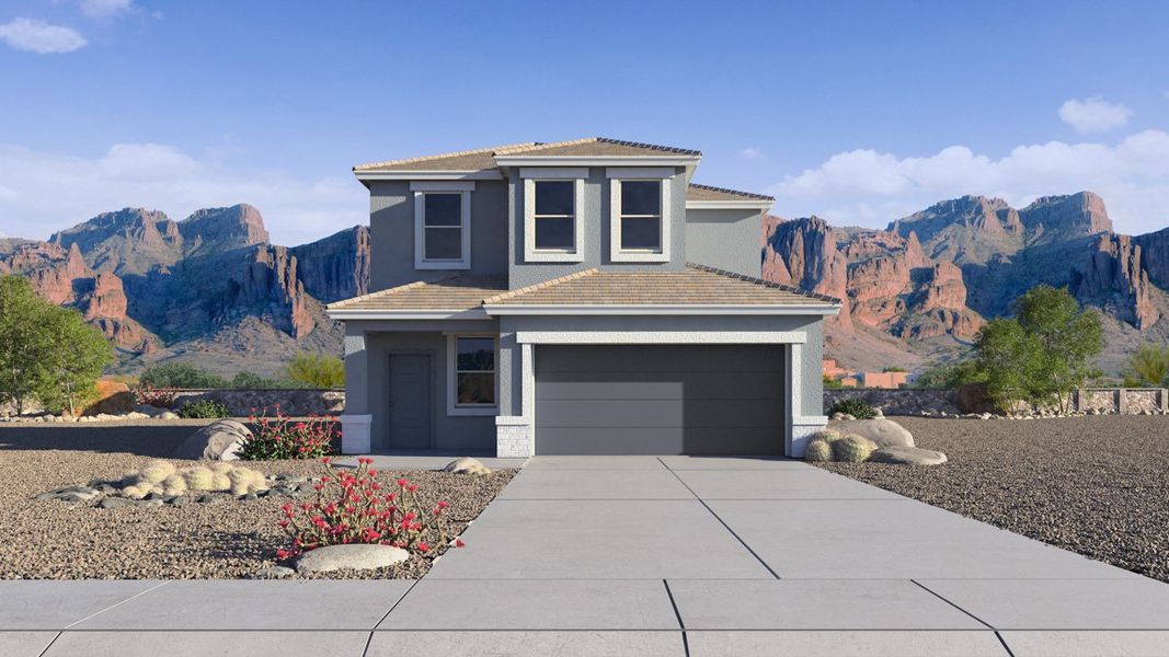 Front exterior of a new home in Radiance at Superstition Vistas, Apache Junction, AZ, highlighting curb appeal (Image 1). Front exterior of a new home in Radiance at Superstition Vistas, Apache Junction, AZ, highlighting curb appeal (Image 1).