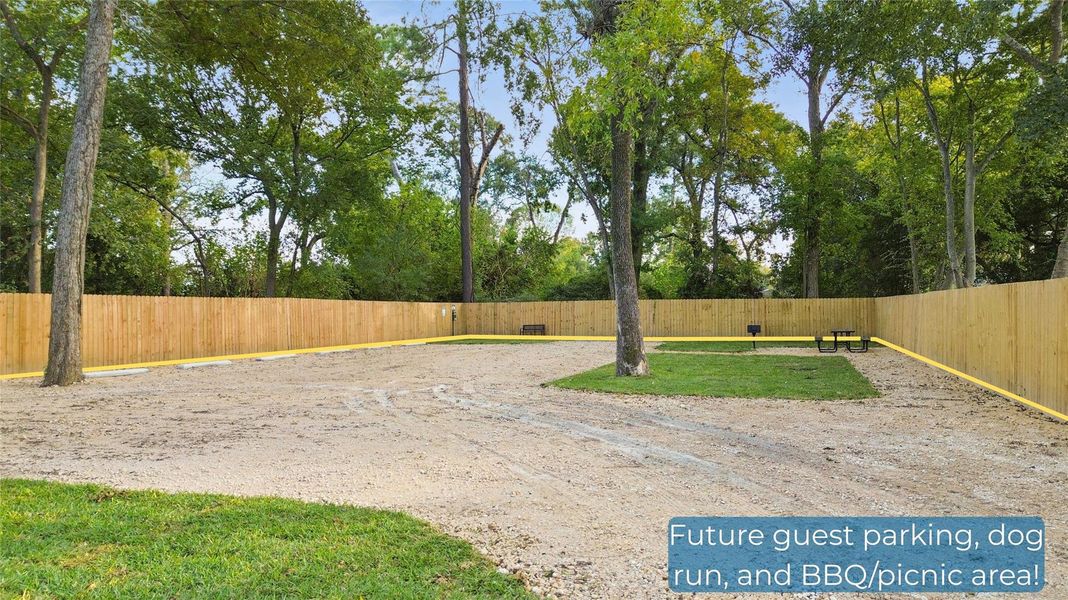 Here’s your community’s upcoming amenity space — a fully fenced, tree-shaded area planned for guest parking, a dog run, and a BBQ/picnic zone. It adds even more convenience and outdoor enjoyment right at your doorstep.