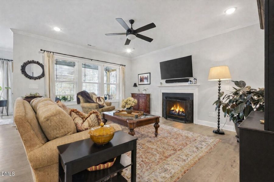 Living room features a gas log fireplace