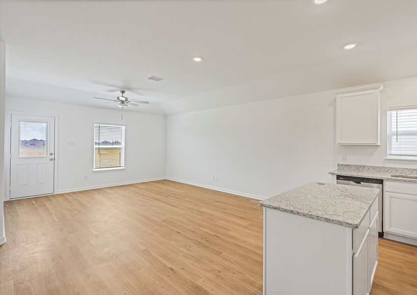 The kitchen overlooks the spacious family room