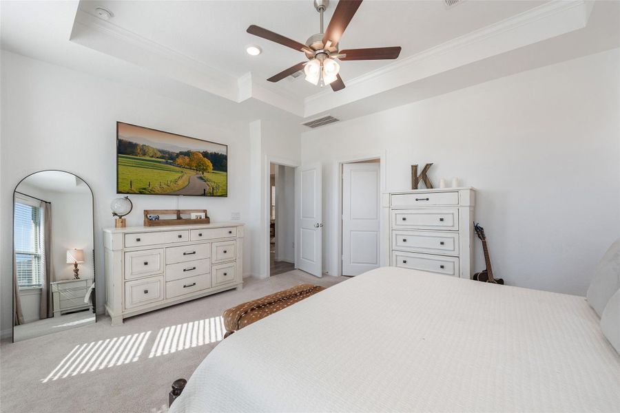 Beveled ceiling adds a luxurious touch to your retreat. Ceiling fan for sleeping comfort. Beveled ceiling adds a luxurious touch to your retreat. Ceiling fan for sleeping comfort.