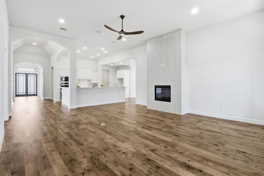 View from the living room towards the kitchen and front foyer.