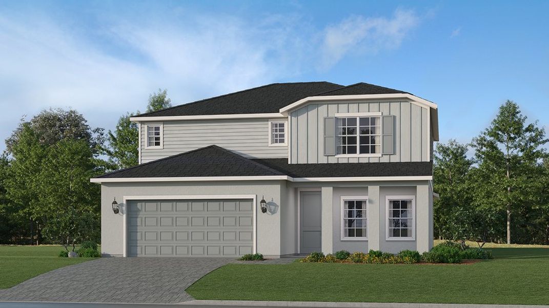 Front exterior of a new home in Sabal Glen at Midtown: Executive Homes, Punta Gorda, FL, highlighting curb appeal (Image 1).