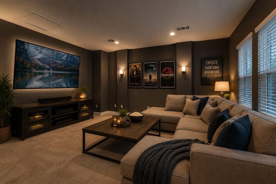 Flex space on the second floor virtually staged as a media room.