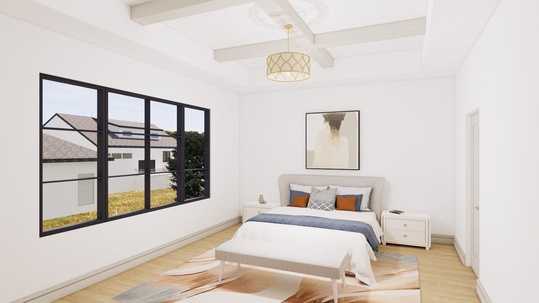 The primary suite is located on the first floor with elevated, beamed ceilings, and large windows overlooking the backyard.