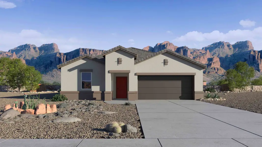 Front exterior of a new home in Heartland Ranch, Coolidge, AZ, highlighting curb appeal (Image 1). Front exterior of a new home in Heartland Ranch, Coolidge, AZ, highlighting curb appeal (Image 1).