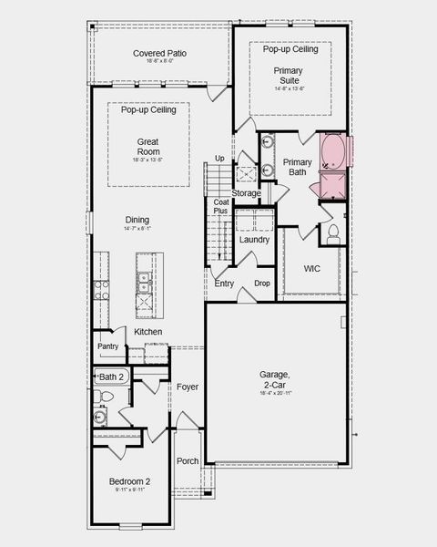 First Floor Plan - Additional Highlights Include: Shower at bath 2, 12" pop-up ceiling at great room, and slide-in tub at primary bath