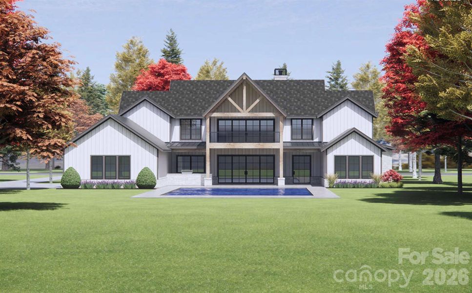 This image features the rear view of the proposed, luxury modern farmhouse, artfully blending rustic charm with sleek, contemporary design. (Pool not included). This image features the rear view of the proposed, luxury modern farmhouse, artfully blending rustic charm with sleek, contemporary design. (Pool not included).