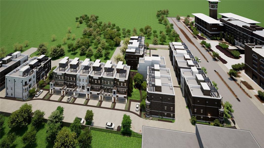 Aerial rendering of The Grapevine Brownstones Phase 1 and 2.  Phase 1 is currently under construction.