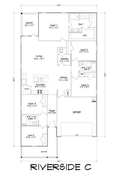 2D floor plan layout for the The Riverside by D.R. Horton in Hodges Bayou Plantation, Panama City, FL (Image 5).