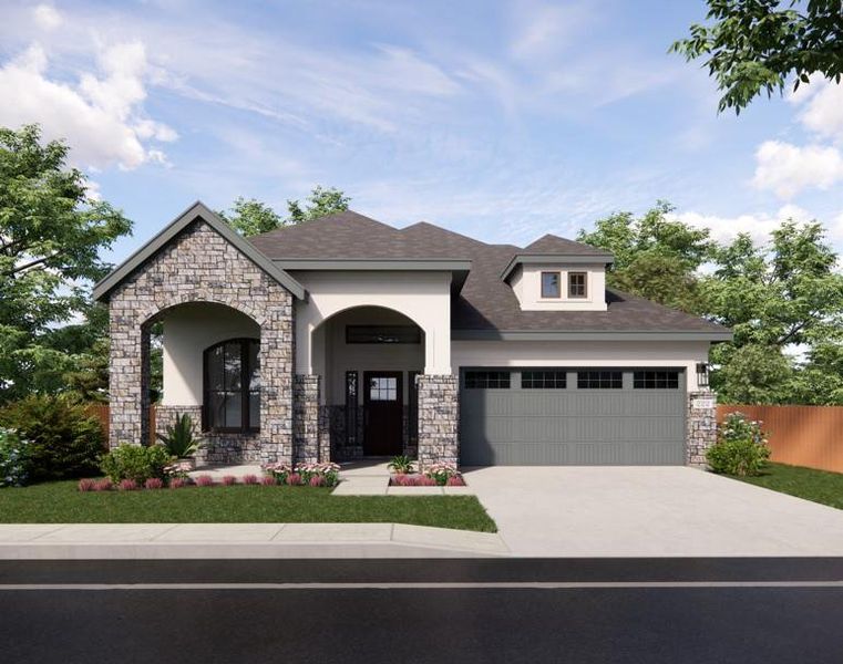 View of front facade featuring stone siding, an attached garage, driveway, and stucco siding