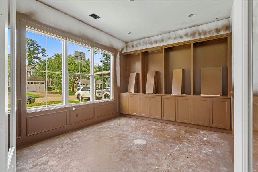 Paneling and custom cabinets in this color drenched office. Hardware will be brushed bronze Paneling and custom cabinets in this color drenched office. Hardware will be brushed bronze