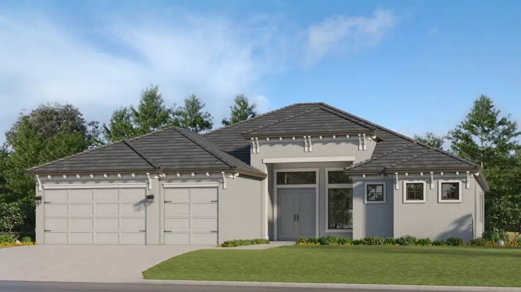 Exterior with a hipped roof, exposed brackets and a spacious covered porch Exterior with a hipped roof, exposed brackets and a spacious covered porch