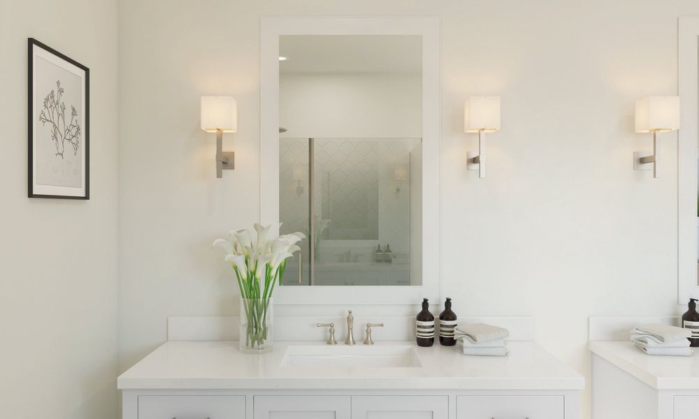 Primary bath with brushed nickel fixtures and hardware