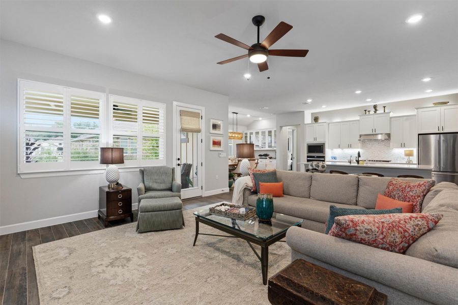 The family room is large enough for large furniture pieces plus accessories and media equipment. Nice views of the covered patio and landscaped backyard too. The family room is large enough for large furniture pieces plus accessories and media equipment. Nice views of the covered patio and landscaped backyard too.