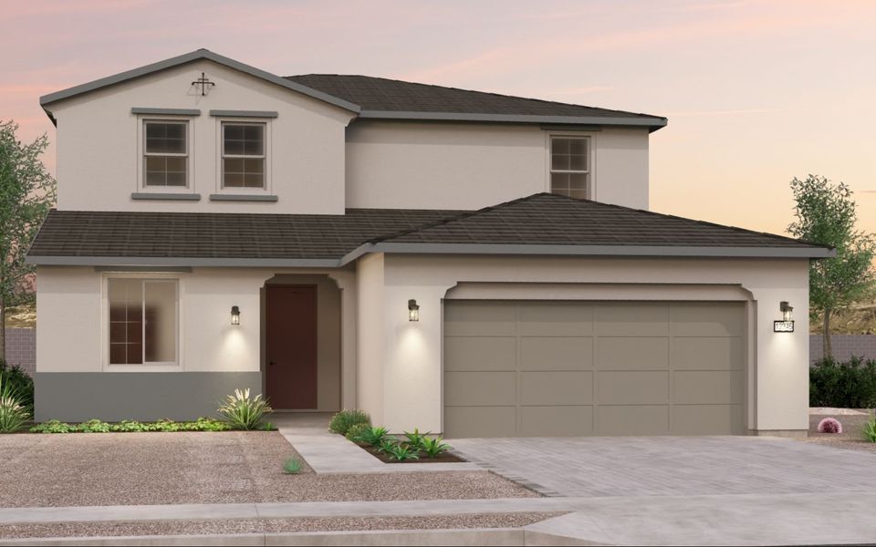 Representative exterior photo of a completed home built from the Ponderosa by Brookfield Residential in Blossom Rock, Apache Junction, AZ (Image 2). Representative exterior photo of a completed home built from the Ponderosa by Brookfield Residential in Blossom Rock, Apache Junction, AZ (Image 2).