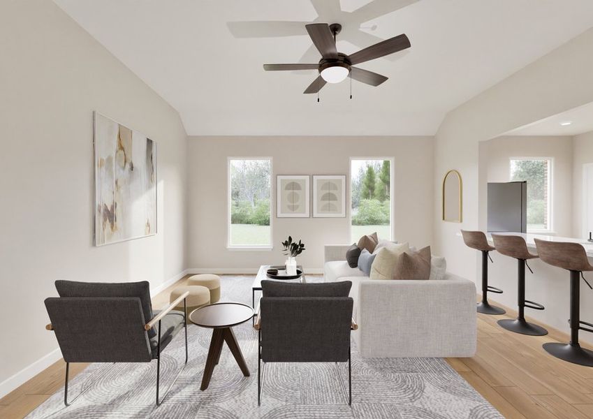 Modern living room with neutral tones, featuring gray armchairs, a light couch, and abstract art. Large windows and a breakfast bar add brightness. Modern living room with neutral tones, featuring gray armchairs, a light couch, and abstract art. Large windows and a breakfast bar add brightness.
