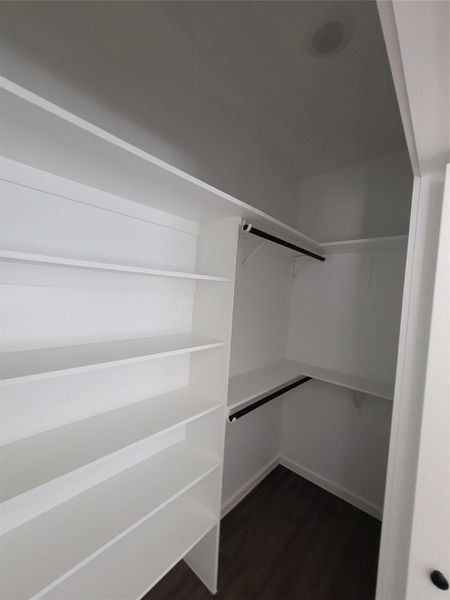 Ample shelving and hanging space offer organized storage in this essential walk-in closet.