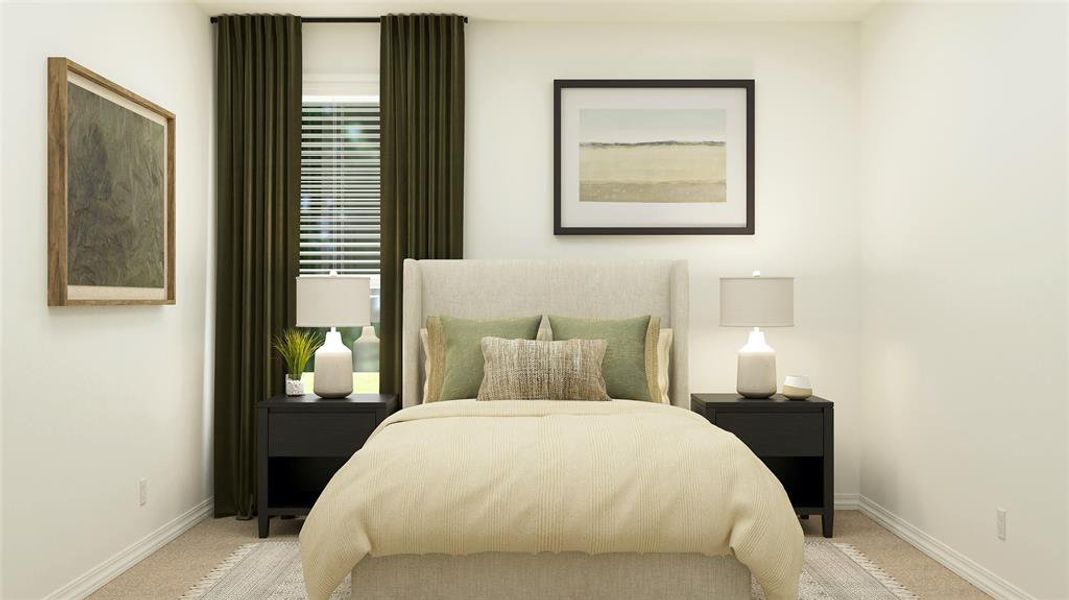 Bedroom featuring light colored carpet and multiple windows