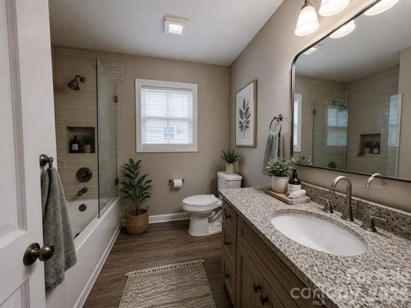 Main bathroom virtually staged. Main bathroom virtually staged.